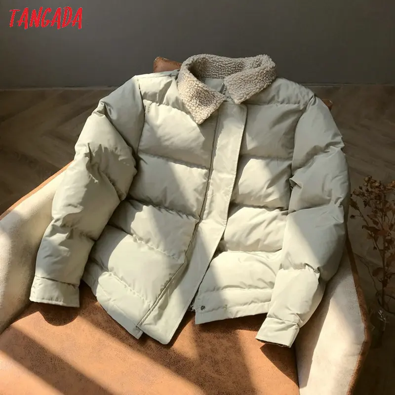 Tangada Women Solid Oversize Parkas Thick Feather turn down collar Zipper Pockets Female Warm Winter Coat ATC08