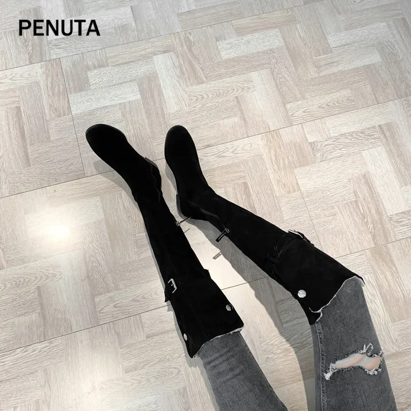 PENUTA/Сапоги выше колена; зимние женские замшевые теплые высокие ботинки на плоской подошве в Корейском стиле; модные высокие сапоги; PB904