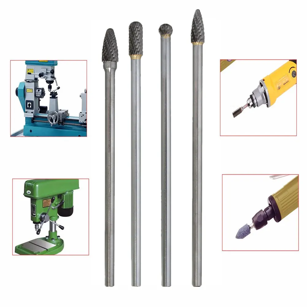 4Pcs Carbide Set Rotary Tool Safe Long Reach Milling Double Cut Polishing Bit Tungsten Steel Efficient Burr Professional