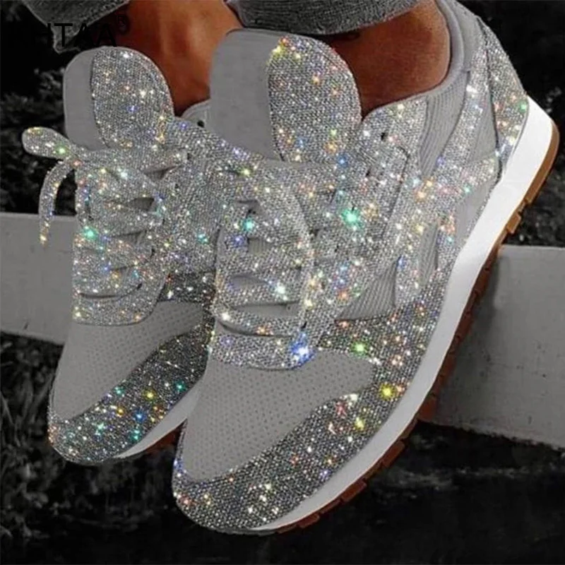 

Women Flat Glitter Sneakers Casual Female Mesh Lace Up Bling Platform Comfortable Plus Size Vulcanized Crystal Shining Shoes New