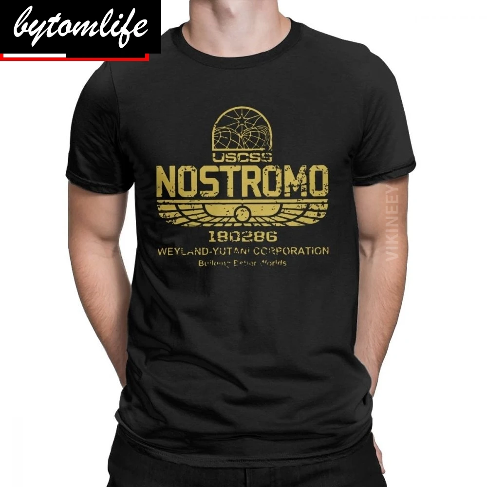 Винтаж иностранцев Nostromo золотистым логотипом футболка Для мужчин с круглым