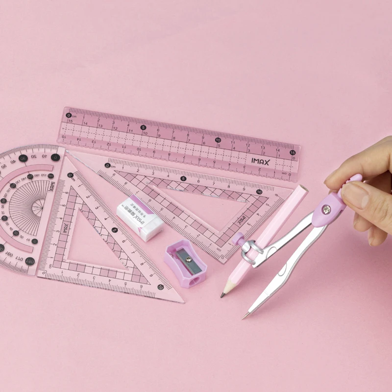 8 pcs/set High Quality Math Drawing Set with Iron Box School Student Compass Ruler Pencil Sharpener Eraser Exam Tool Stationery