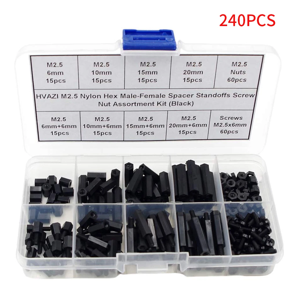 

240 Pcs Combination Screw Set Repair Nylon Durable Multifunctional Parts Fastening Tools M2.5 With Nuts Solid Hex Spacer