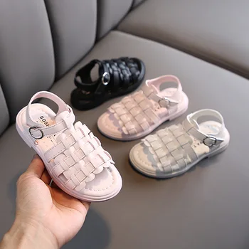 

2020 Summer New Girl Sandals Female Baby Korean Woven Soft Bottom Princess Shoes Outdoor Little Girl Open Toe Beach Shoes D04201
