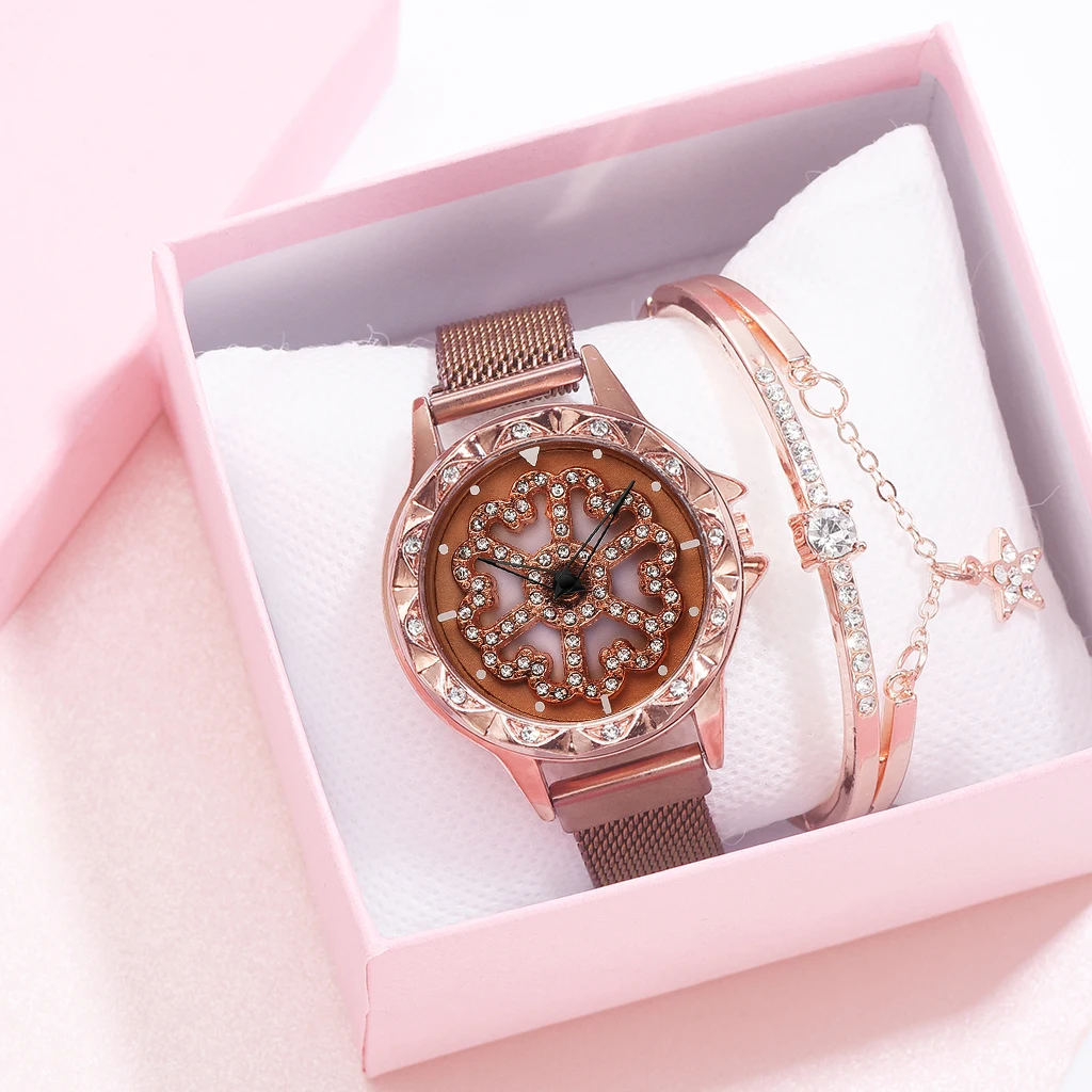 Watch And Bracelet Роскошные женские часы из розового золота, специальный дизайн, 360 градусов вращения, бриллиантовый циферблат, сетчатый магнит, звездное небо, женские кварцевые часы - Цвет: Watch And Bracelet