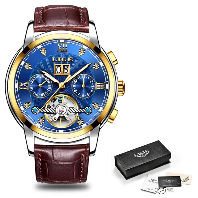 L gold blue LIGE оригинальные часы для мужчин автоматические механические часы с турбийоном Роскошные модные спортивные часы из нержавеющей стали для мужчин s Relogio Masculino - Цвет: L gold blue