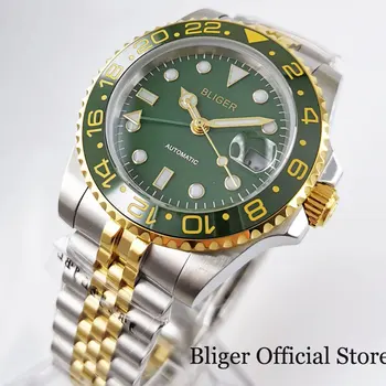 

BLIGER Fashional Green Self Winding Men Watch Sapphire Glass Gold Coated Jubilee Band GMT Hand Rotating Bezel