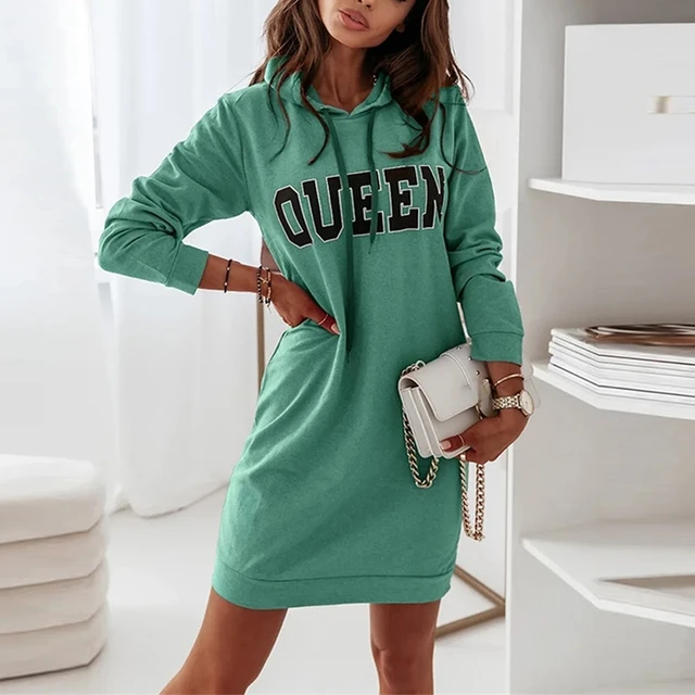 Fashion Letter Print Sweatshirt Hooded Dress Elegant O-Neck Drawstring  Casual Sports Dress Autumn Winter Long Sleeve Loose Dress - AliExpress