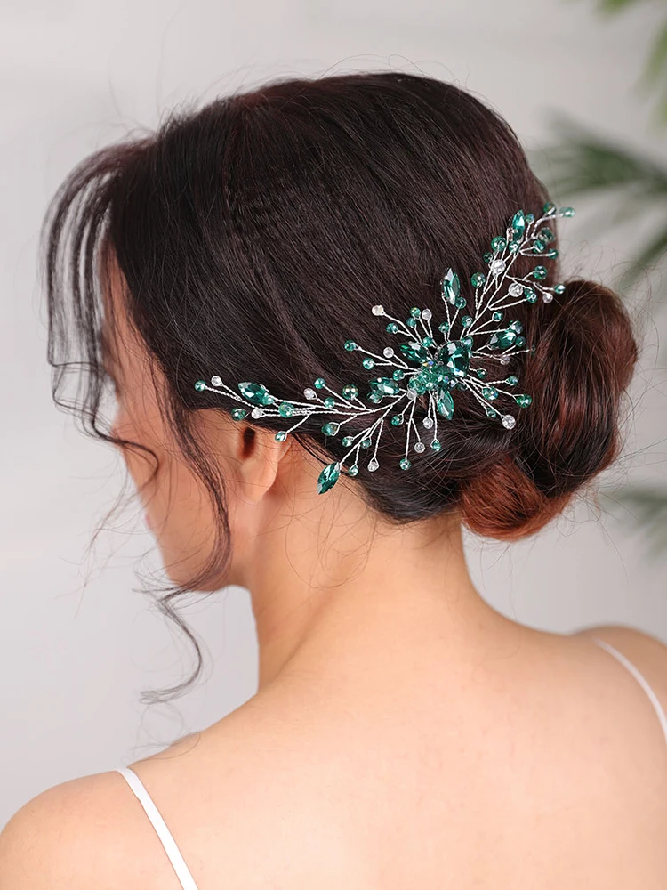 Wedding Bridal Hair comb Rhinestone Green Headband Trendy Fascinators Bohe Hair Accessories Women Ornaments Headpiece