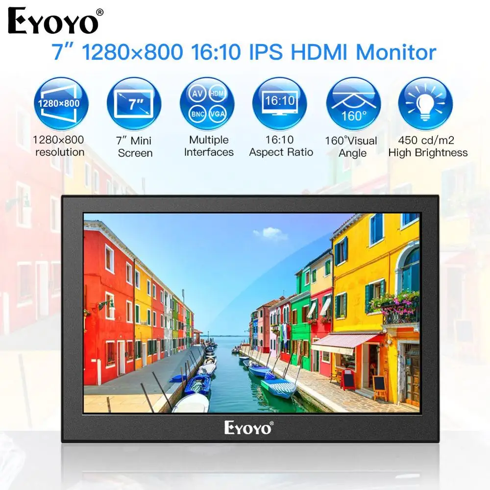 Портативный ЖК монитор Eyoyo 7 дюймов 1280x800 16:10 IPS экран HDMI VGA AV BNC|Монитор и дисплей для