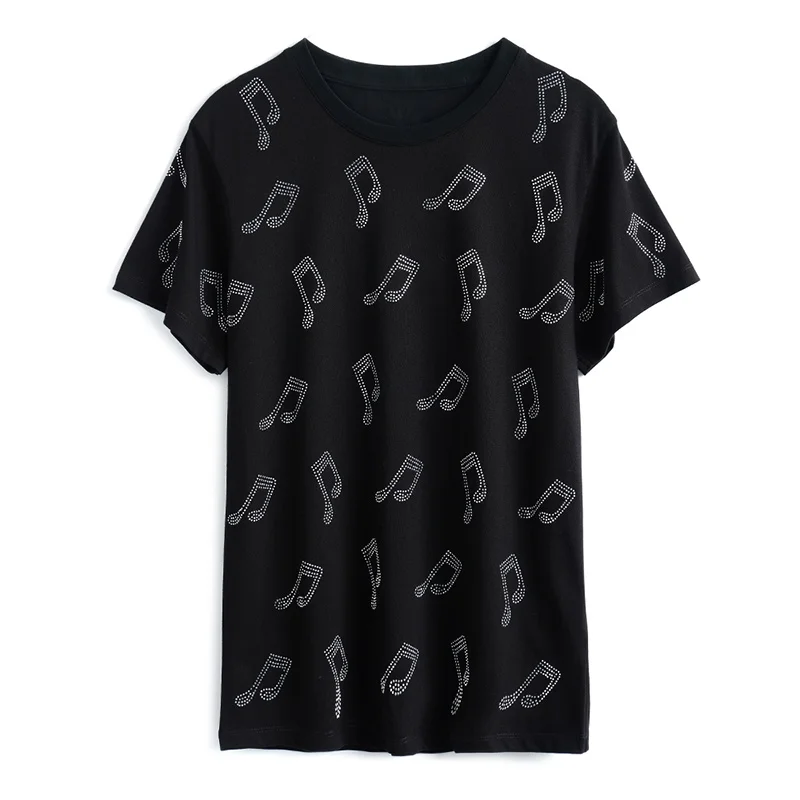 

Women's T-Shirt Harajuku Double-Sided Mercerized Hot Rhinestone Musical Note Pattern Ropa Muji Retro Korean Wave