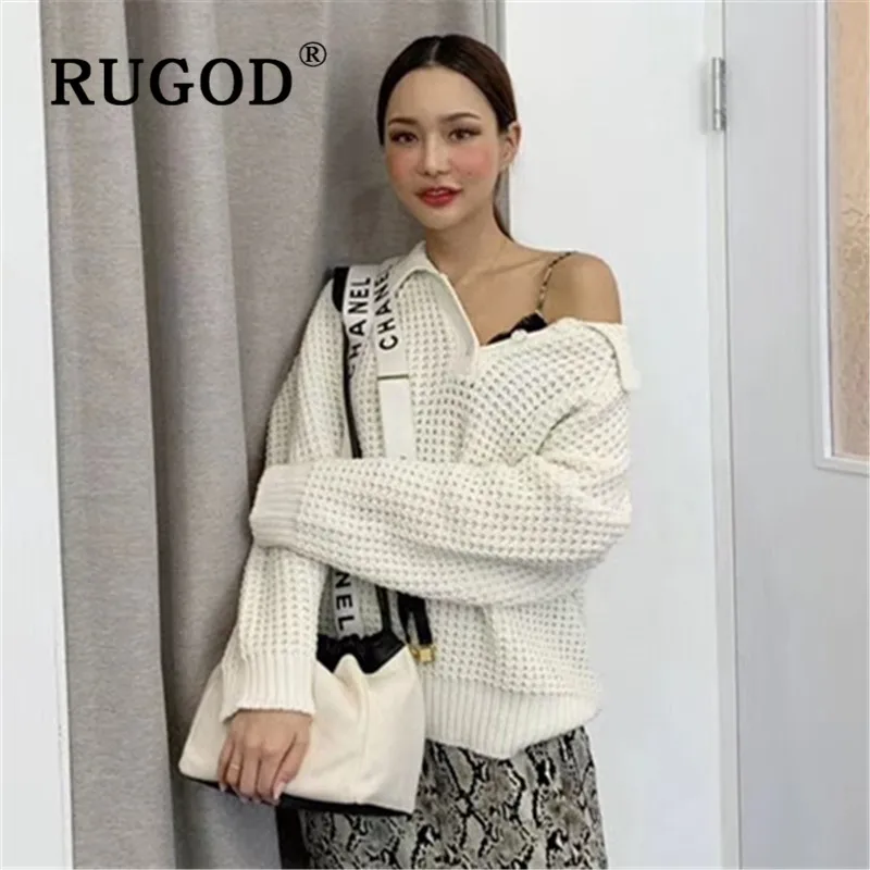 RUGOD корейские однотонные теплые свитера, пуловеры для женщин с отложным воротником, свободные вязаные свитера, новые зимние модные женские повседневные топы