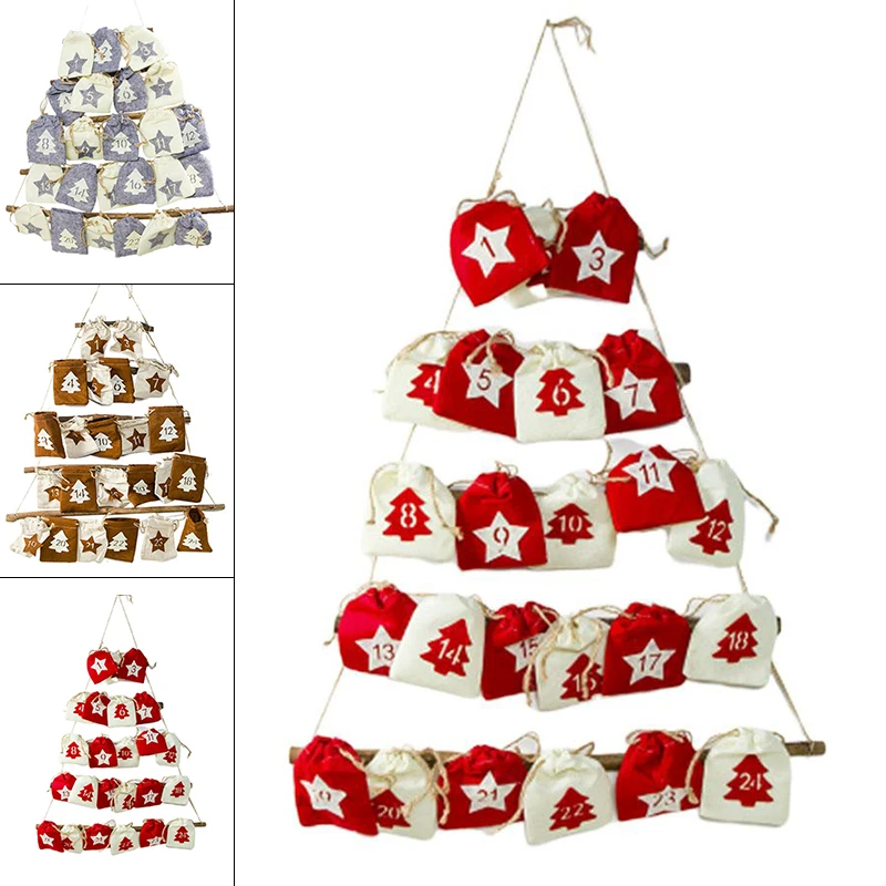 Fabric Wood Christmas Countdown Calendar Hanging Bag Cloth Storage Bag Xmas Party Home Decoration A/B: 65*60CM C: 60*60CM