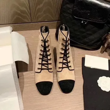

New Style Ankle Boots for Women Patchwork Genuine Leather Lace-up Square Heels Designer Women Shoes Luxury Brand 2020 Hot Sale