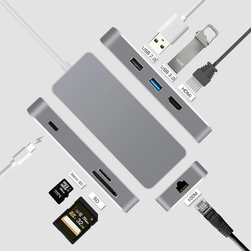 Концентратор 7-в-1 C-Тип USB 3,0 концентратор к HDMI 3,5 мм RJ45 Ethernet адаптер с Тип-C SD устройство для считывания с tf-карт для ноутбуков Macbook