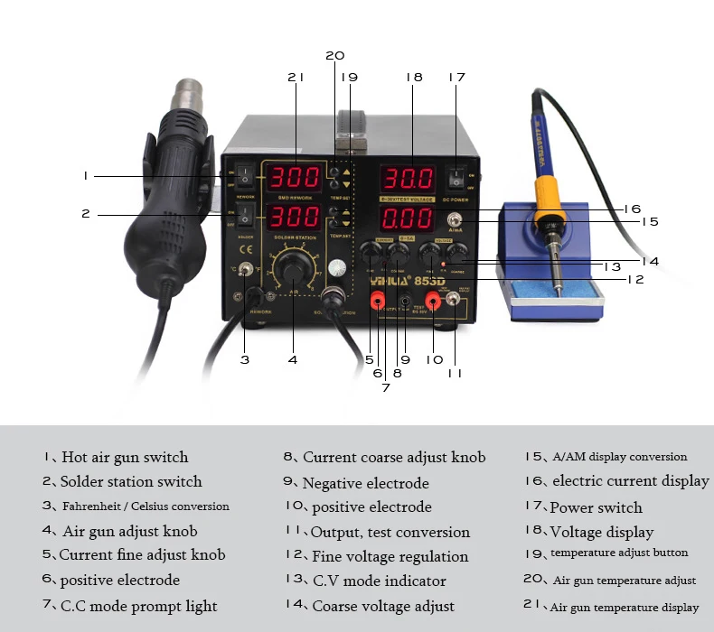 YIHUA 853D 5A 3 в 1 SMD DC ПИТАНИЕ фена паяльник паяльная Station110V/220 В ЕС/США PLUG рабочая эффективность