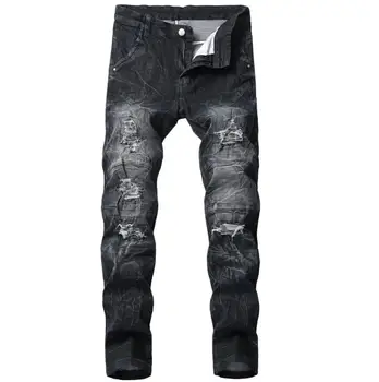 

Mens Straight Jeans Men Casual Ripped Stretch Denim Pants Holes Designer Trousers Elastic Waist Big Size European W28-W42
