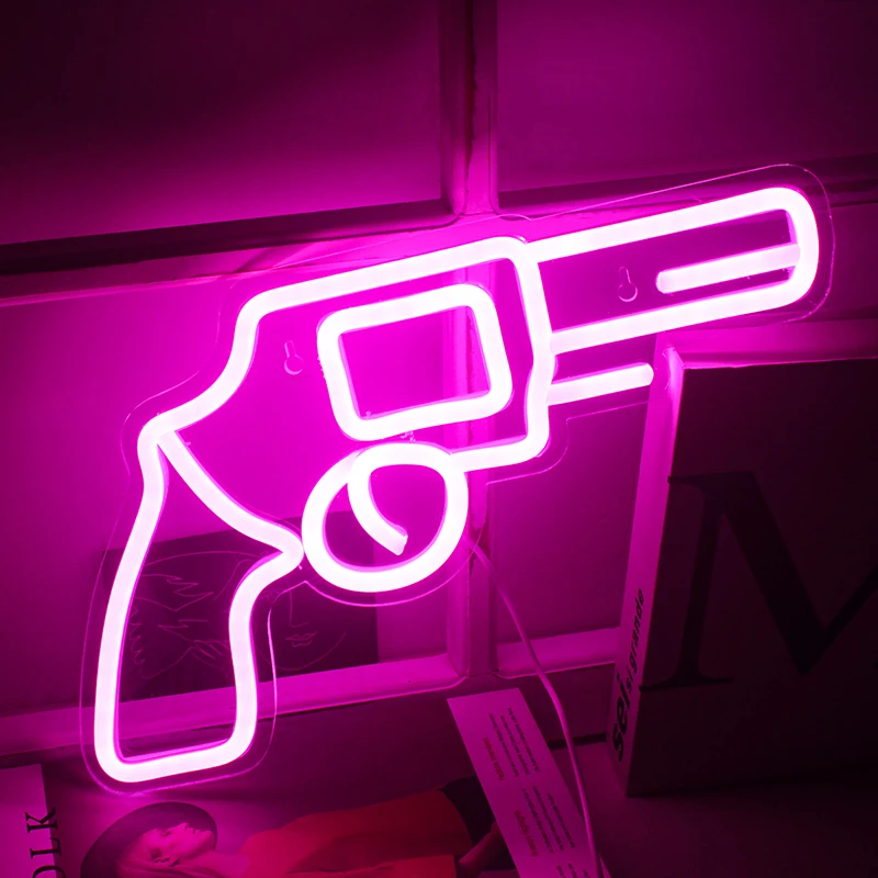 Wanxing Neon Sign Lights Pink Gun Pistol Shaped Wall Hanging Art Night Lamps For Bedroom Game Room Decor Usb Witch Switch | Освещение