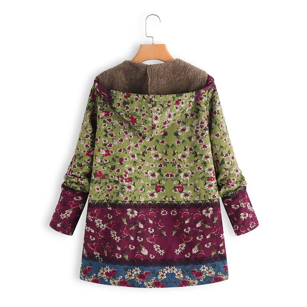 Women Jacket Hooded Coats Floral Print Hooded Pockets Winter Outwear Fleece Fur Warm Vintage Oversize Coats Women Parkas