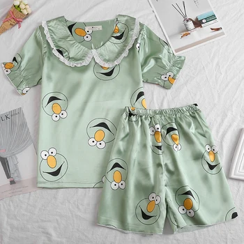 

Women Pajamas Set Silk Short Sleeve Homewear Suit Autumn Silk Pijama Sweet Pyjamas Set Casual Satin Doll collar Girls Sleepwear