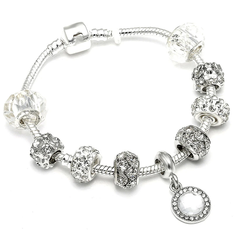 925 Модный серебряный браслет с шармами браслет для женщин Хрустальный цветок фея бисера подходит для девушек бренд браслеты ювелирные изделия