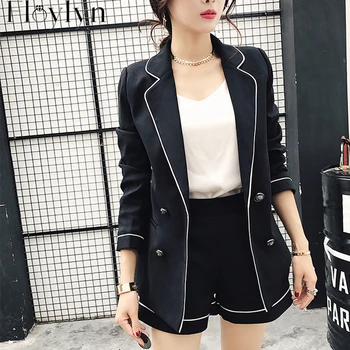 

Single Breasted Casual 2 Pieces Set Hin Color Notched Collar Blazer and Zipper Short Pant Women Black Fashion Office Outfits