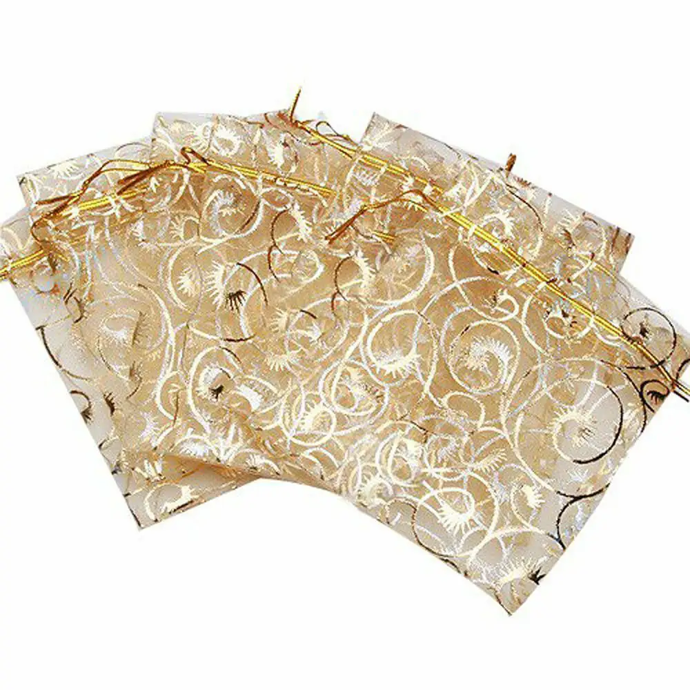 100pcs 9*12 Champagne Hot Stamping Eyelash Organza Drawstring Pouches Candy Gift Bags Party Decor