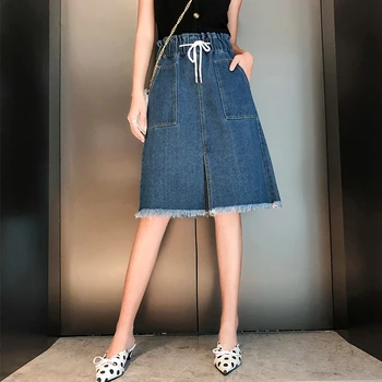 

Women Plus Size Lace Up Midi Denim Skirt Elastic Waist Split Pockets Loose Jeans Skirt For Womem High Waist A Line Denim Skirt