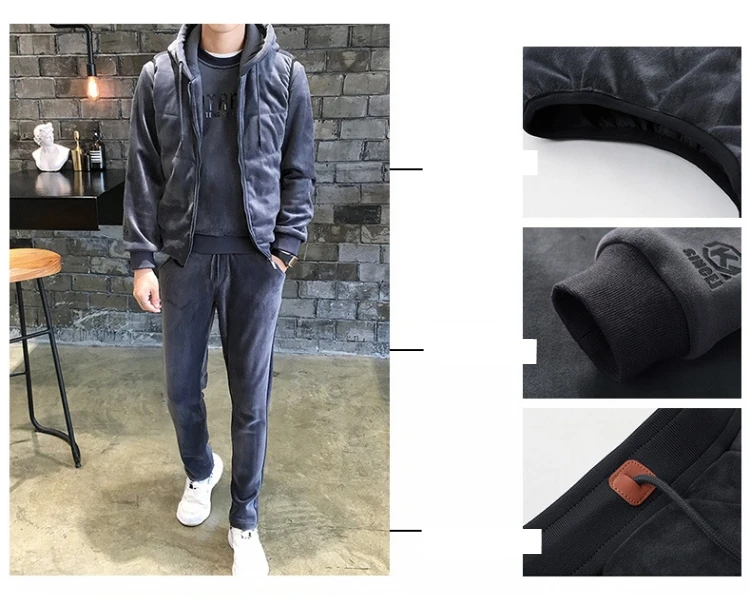 AmberHeard Winter Warm Men Sport Suit Hooded Vest+Pants+Sweatshirt Gold Velvet Sportswear 3 Piece Set For Men Tracksuit Clothing