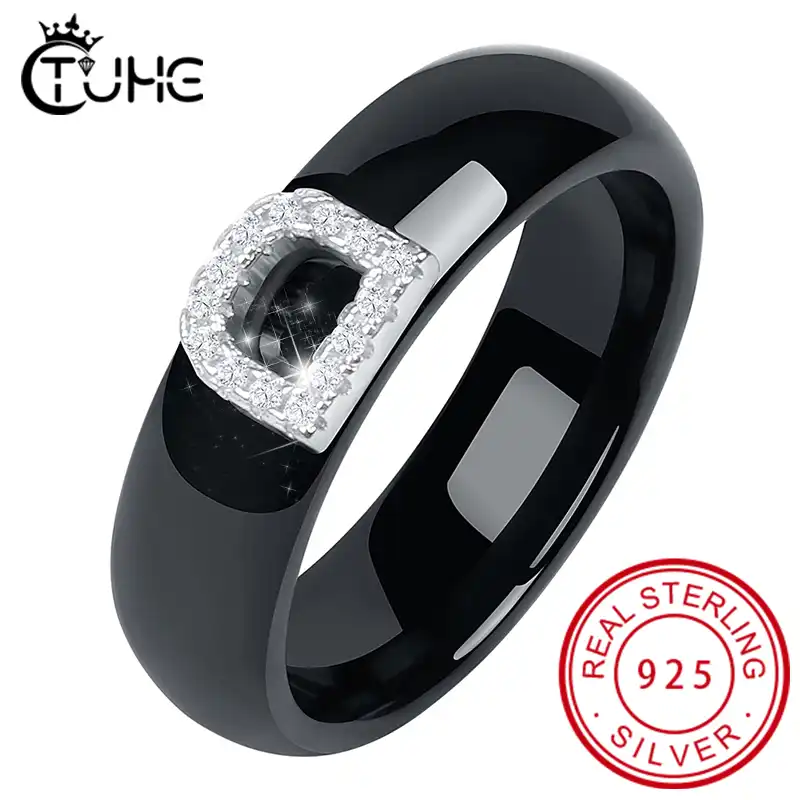 TUHE 2019New 3mm Black White Ceramic Ring for Women Bling CZ Stones Silver Elegant Temperament Wedding Band Female Jewelry for Lover