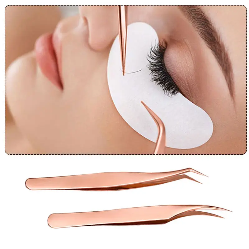 Rose Gold Stainless Steel Hot Sale New Stainless Steel Pink Straight Bend Tweezer For Eyelash Extensions Nail Art Nippers 2