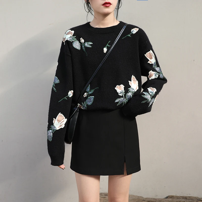 MUMUZI casual flower Sweater Women crewneck spring autumn female Knitted sweater Pullovers long Sleeve chic Soft Jumper tops