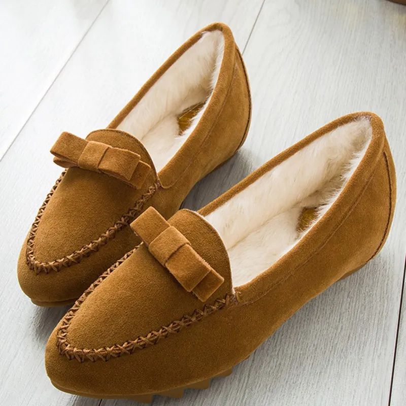 

Winter Warm Moccosins Women's Elevator Korean-style Foot Covering plus Velvet Shoes Bow Low-Cut Slanted Heel Large-Size Shoes