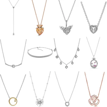 

NEW 2019 100% 925 Sterling Silver Angel Wing Heart Shaped Reflexions Mesh Choker Necklace Fit DIY Women Original Fashion Jewelry