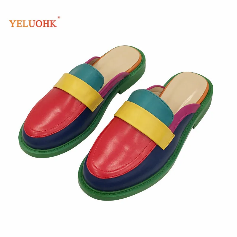 

Women Mules Rainbow High Quality Flats Leather Women Shoes Autumn Green Heels 35-40 Plus Size