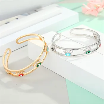 

Hollow Metal Eyelashes Eye Open Cuff Bracelet For Women European Fashion Zircon Colorful Beads Evil Eye Bangle Wristband Jewelry