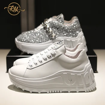

RY-RELAA womens sneakers thick bottom increased white shoes female 2018 new leather sponge cake sequin sports shoes ins shoes