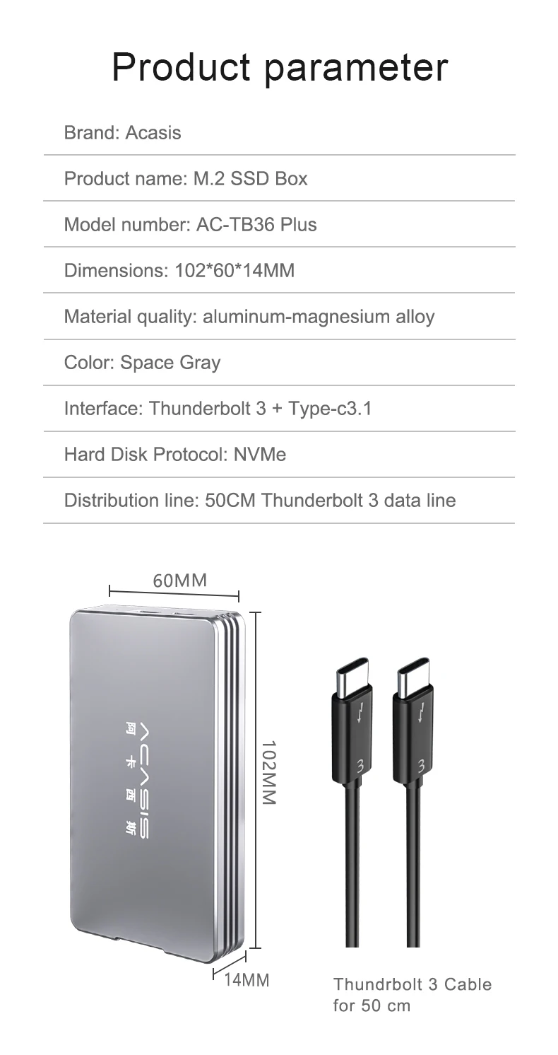 usb hdd enclosure Acasis Thunderbolt 3 40Gbps NVME M.2 SSD Enclosure 2TB Aluminum USB C with 40Gbps Thunder Bolt Thunderbolt 3 For Macbook hdd case usb 3.0