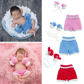 

Baby Boys Girls Photography Clothing Close Knitting and Careful Workmanship Crochet Knit Photo Prop Boxing Gloves Pants