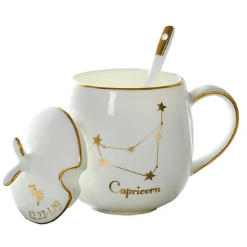 

Constellation Coffee Cup Set Ceramic Cover Novelty Personalized Stirring Cup Filizanki Do Kawy White Bone China Mugs KK60MK