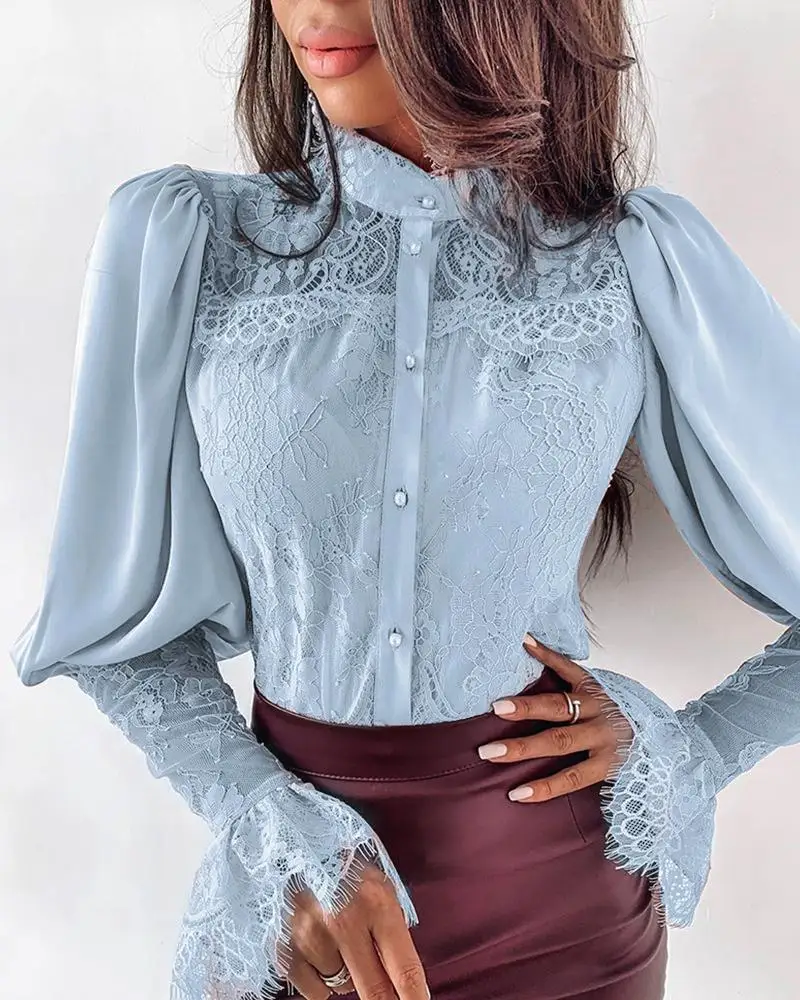 

Fashion Women's Lace Shirts Clothing Long Sleeve Lace Tops Shirt Blouse Ladies Korean Casual Shirts