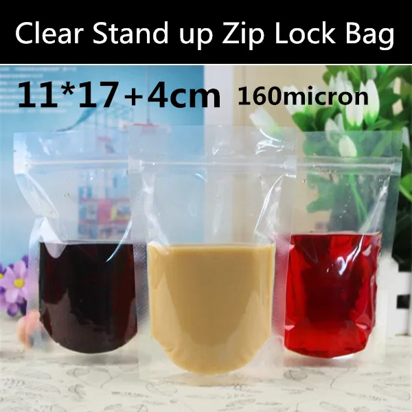 

Wholesale 200pcs 11x17cm+4cm 160micron Double Clear Plastic Juice Bag Stand up Clear Zip Lock Liquid Bag