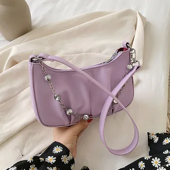 

Pearl Chain Design Solid Color Small Shoulder Bags For Women 2020 PU Leather Fashion Wild Crossbody Bags Female Armpit Handbags
