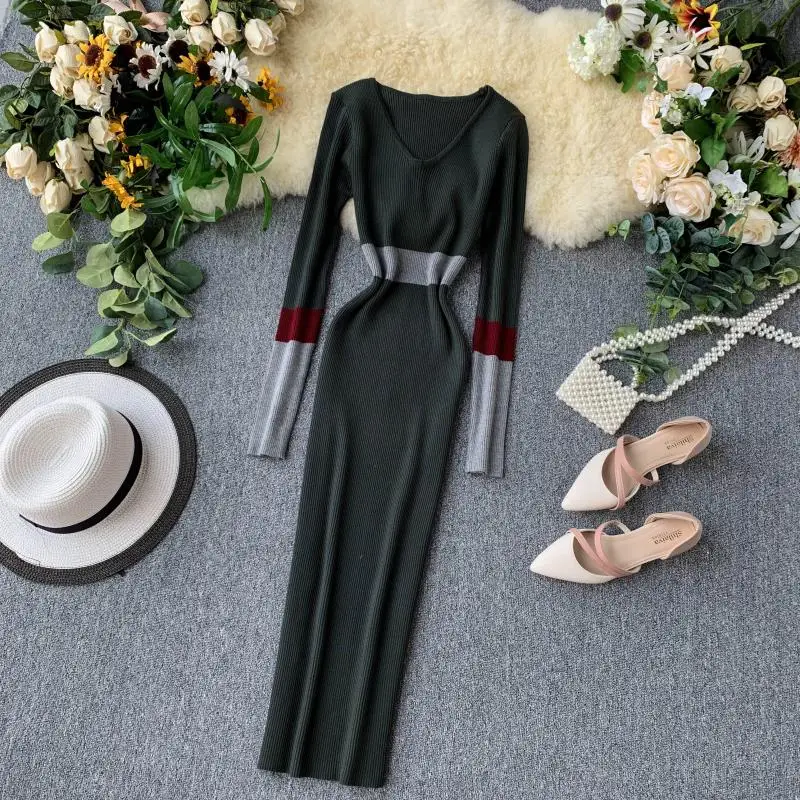 

Vintage Slim V Neck Basic Patchwork Autumn Winter Bodycon Knit Sweater Midi Pencil Dress Party Women Casual Long Sleeve Vestidos