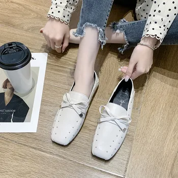 

WOMEN'S Thin Shoes Women's 2020 Early Spring New Style Square Head Moccosins Bow England Soft-Sole Small Leather Shoes