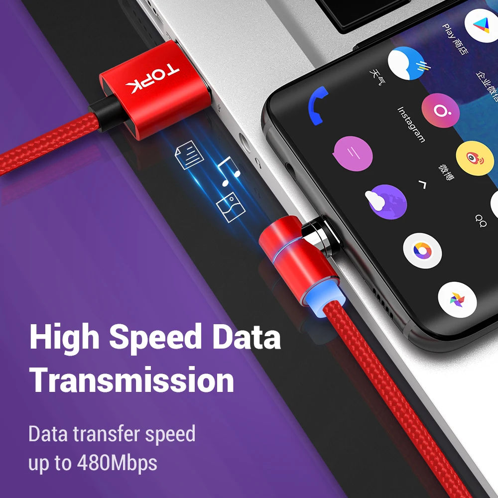 TOPK Led 3A Магнитный USB быстрый заряд кабеля C type кабель для samsung Phone & 8pin зарядный и Micro