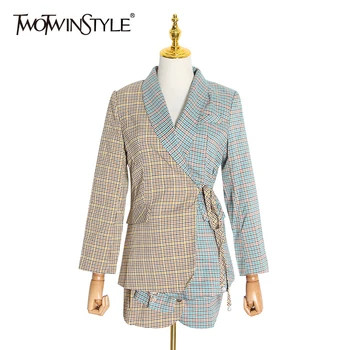 

TWOTWINSTYLE Plaid Hit Color Lace Up Bowknot Two Piece Set For Women Blazer Notched High Waist Skirt Suit Female 2020 Spring New