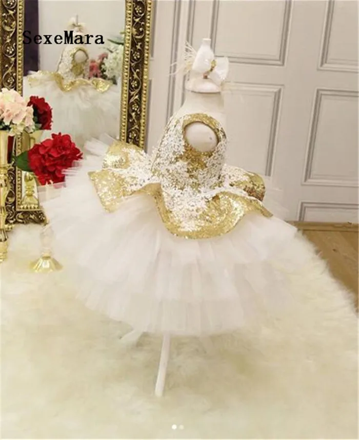 Арабские Кружева Аппликации золотые блестки пышные платья для девочек Детские платья на день рождения для малышей Пышное Платье для малышей