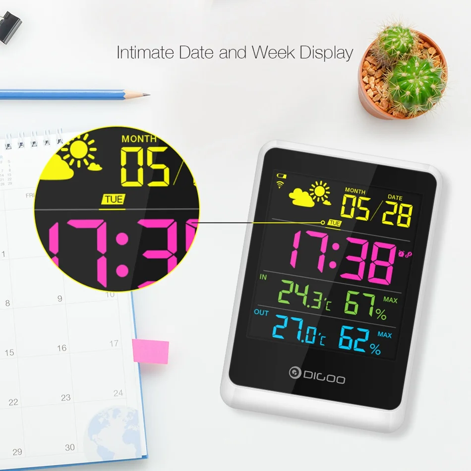 Koop DIGOO LCD Weerstation Kleur Digitale Wekker Temperatuur Vochtigheid Forcast Draadloze Sensor Outdoor Indoor Thermometer
