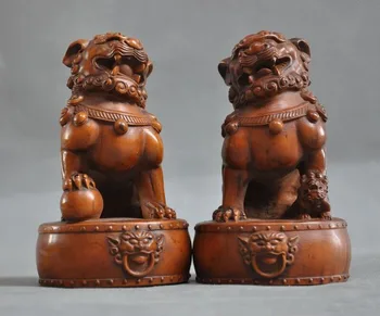 

wedding decoration old chinese Boxwood wood carved fengshui 3 lion foo dog beast lucky statue pair